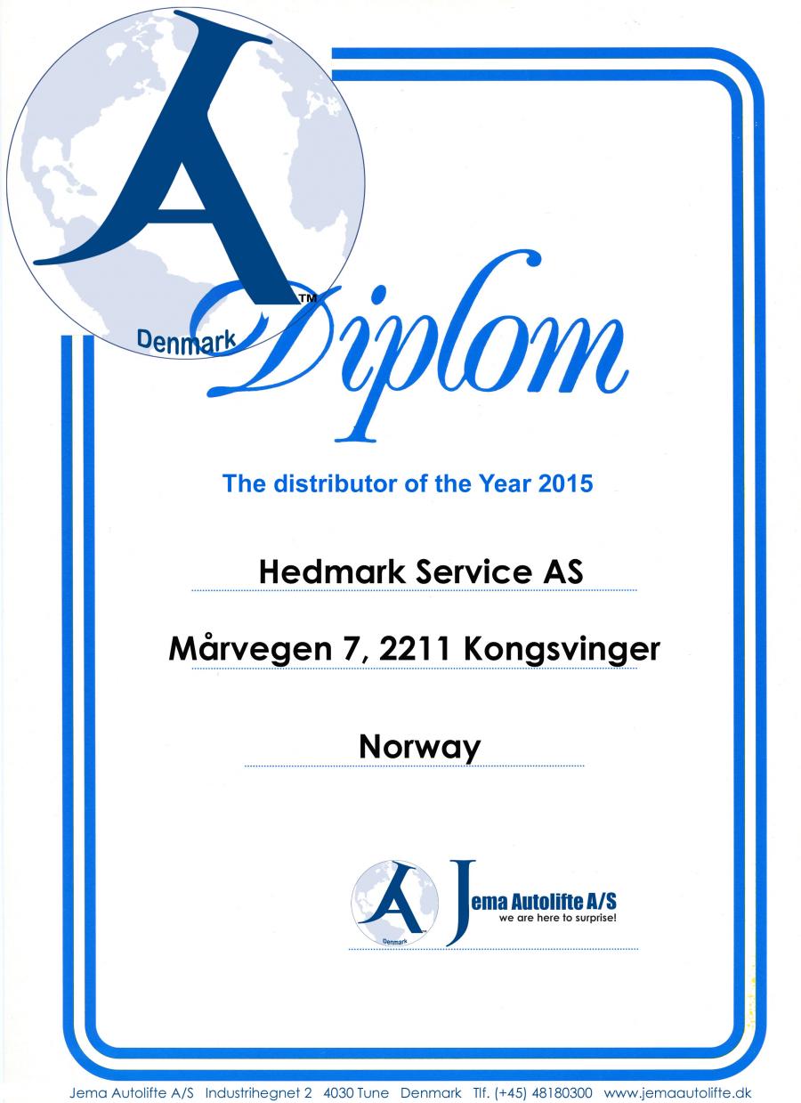 Hedmark Service Is The Jema Løftebukke Distributor Of The Year 2015!